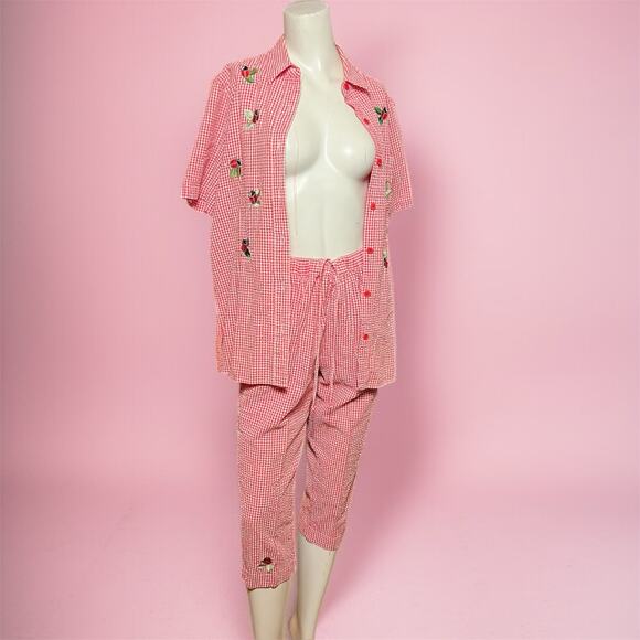 VINTAGE 90s Quacker Factory Ladybug Gingham Loungewear Set Size M Retro Pajamas - Picture 1 of 5